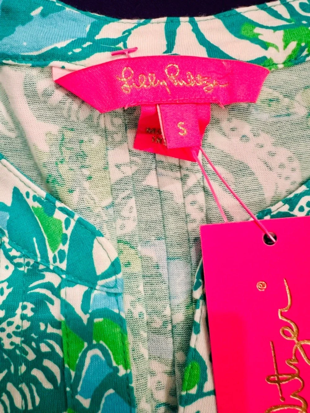 Lilly Pulitzer Teal Tropical Print Pleated Blouse Ruffle Sleeve lightweight Chic - Picture 8 of 8